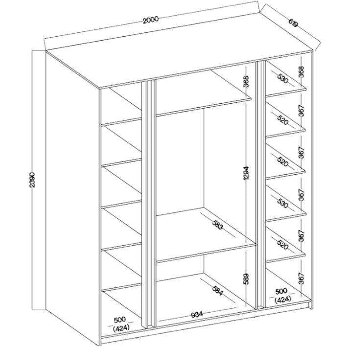 VelvetForms Kaya 05 – Eksklusiv Premium Garderobeskab 200cm med Spejl & Skuffer (Sort / Evoke Eg / Sort)