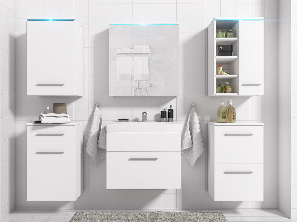VelvetForms Lux Bath – Komplet Badeværelsesmøbelsæt med Spejl (Hvid / Sort Højglans)