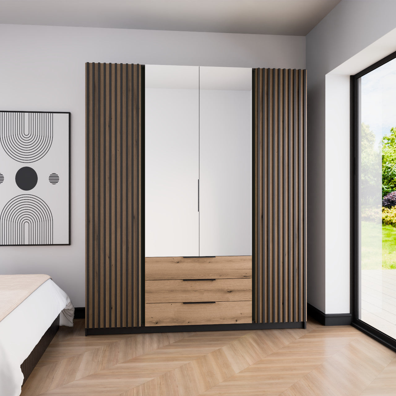 VelvetForms Kaya 05 – Eksklusiv Premium Garderobeskab 200cm med Spejl & Skuffer (Sort / Evoke Eg / Sort)