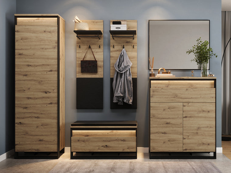 VelvetForms Quant 3 – Eksklusivt Premium Garderobsæt med LED (Artisan Eg / Sort)