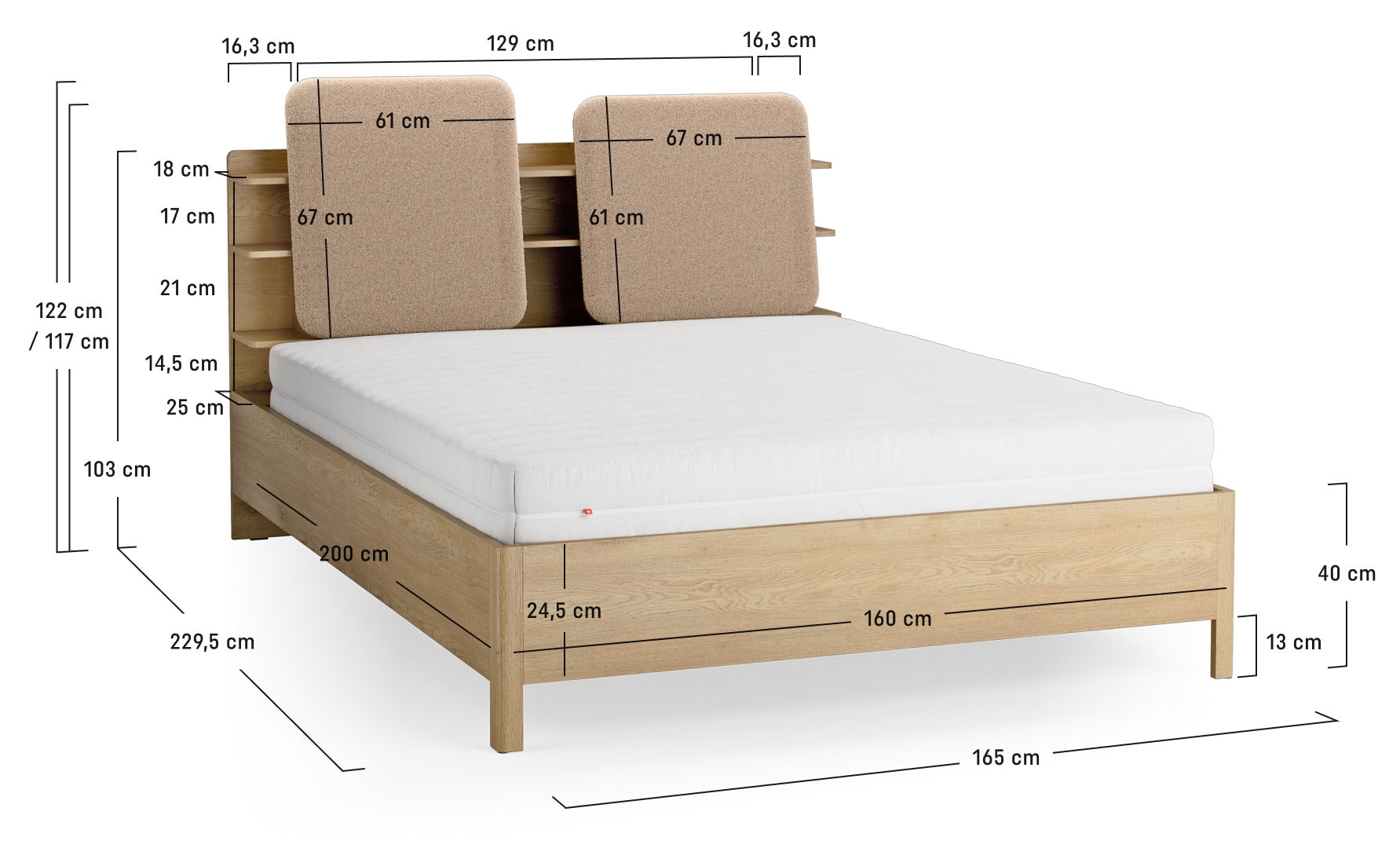 VelvetForms Well – Seng med Integreret Reol 160×200 (Naturlig Eg)