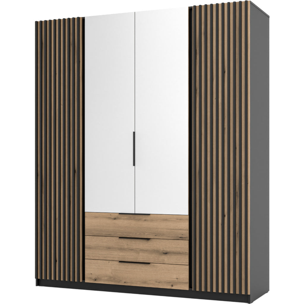 VelvetForms Kaya 05 – Eksklusiv Premium Garderobeskab 200cm med Spejl & Skuffer (Sort / Evoke Eg / Sort)