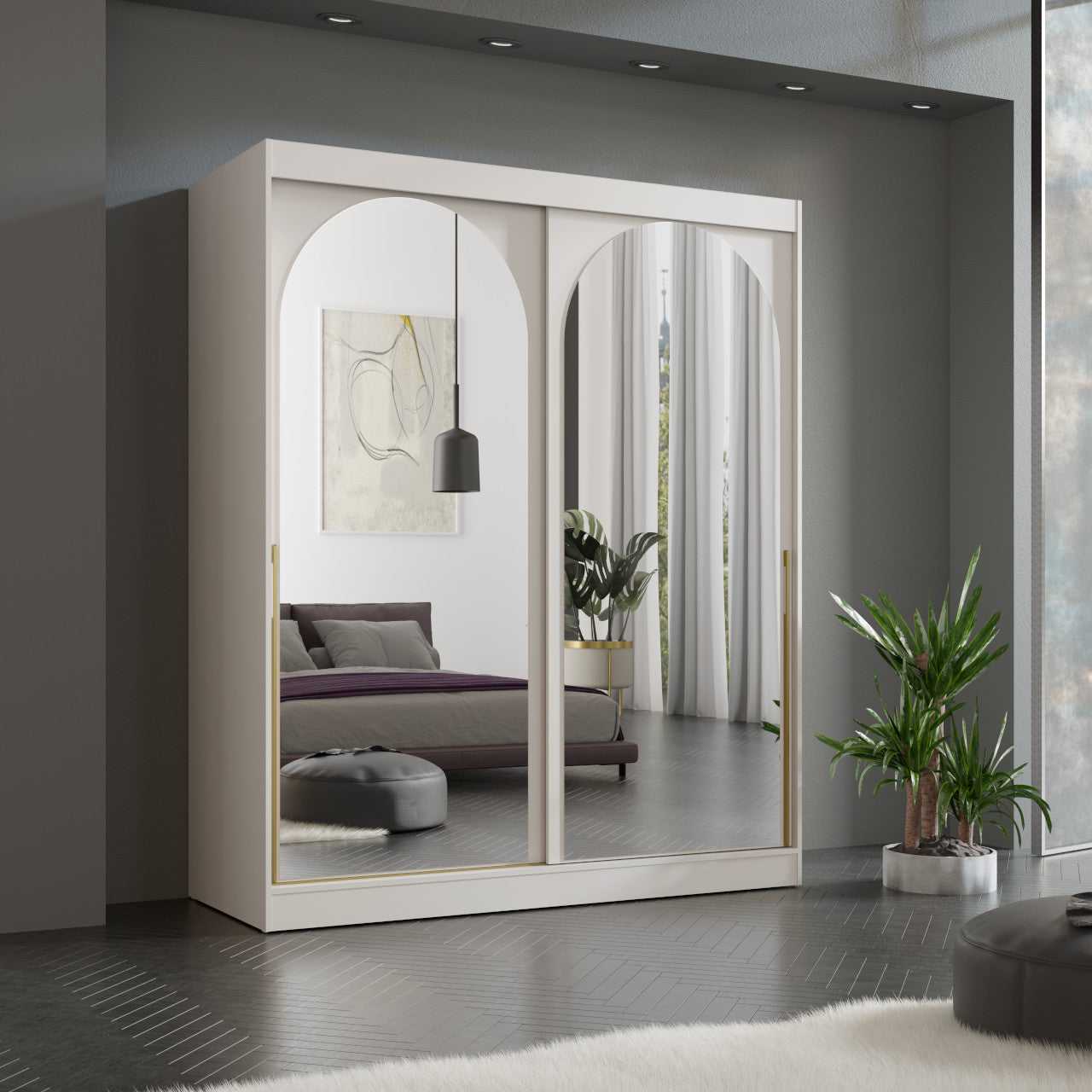 VelvetForms Mogi – Eksklusiv Premium Skydelågegarderobe 180cm med Spejl (Cashmere / Guld)